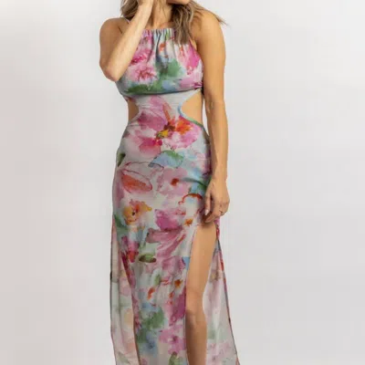 Olivaceous Floral Open Back Maxi Dress In Grey + Fuchsia