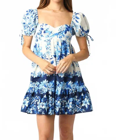 Olivaceous Floral Print Mini Dress In White/blue In Multi
