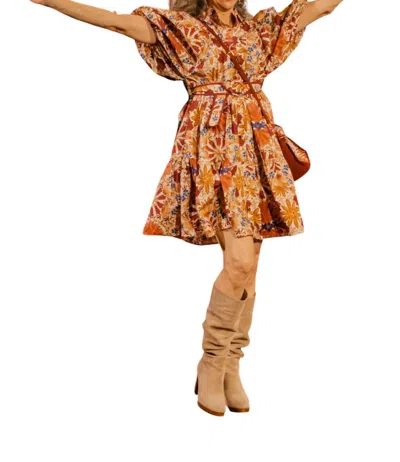 Olivaceous Floral Ruffle Sleeve Mini Dress In Cream & Burgundy In Multi