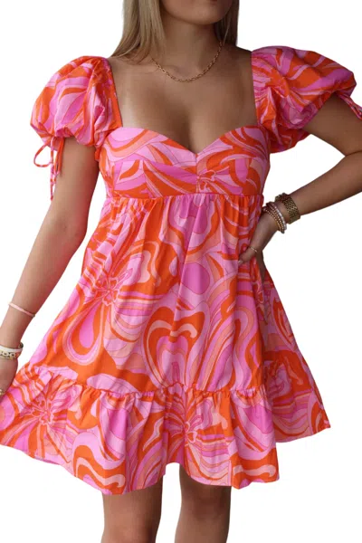 Olivaceous Full Of Color Vibrant Puff Sleeve Dress In Pink/orange In Multi