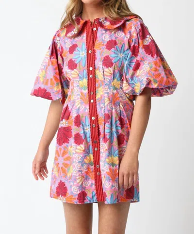 Olivaceous Groovy Floral Puff Sleeve Mini Dress In Pink Multi