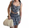 Olivaceous Gwen Gingham Floral Corset Tank Top In Navy Beige In Multi