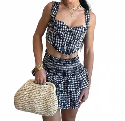 Olivaceous Gwen Gingham Floral Corset Tank Top In Navy Beige In Multi