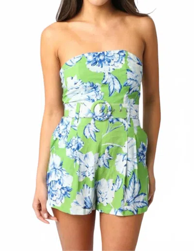 Olivaceous Helen Floral Strapless Romper In Green Multi