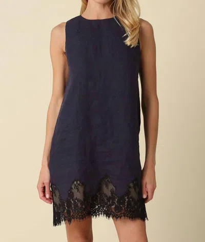 Olivaceous Joey Lace Hem Linen Mini Dress In Navy In Blue