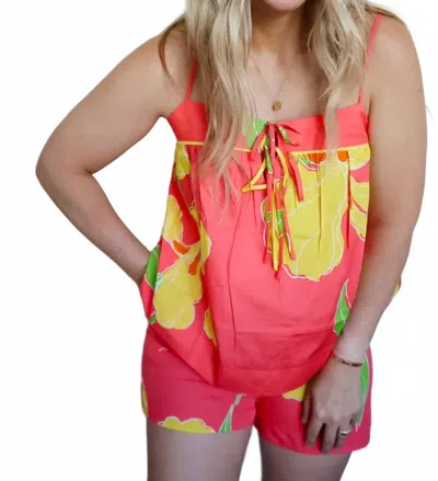 Olivaceous Laci Floral Cami & Drawstring Shorts Two-piece Set In Coral In Red