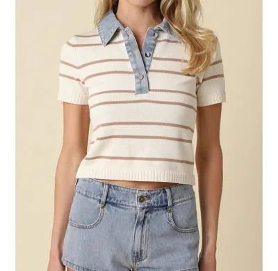 Olivaceous Leni Striped Contrast Denim Collar Top In Natural/mocha In White
