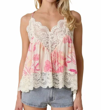 Olivaceous Lia Floral Lace Trim Cami Top In Cream And Peach In Multi