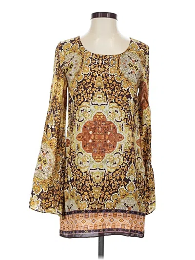 Pre-owned Olivaceous Long Sleeve Silk Top Gold Scoop Neck Tops