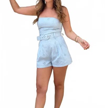 Olivaceous Luna Strapless Belted Romper In Sky In Blue