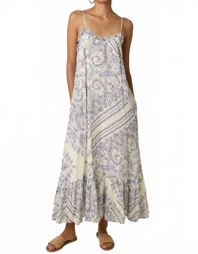 Olivaceous Magie Ruffle Trim Print Sleeveless Maxi Dress In White Blue