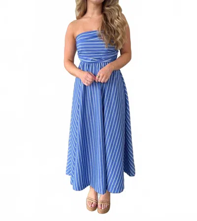 Olivaceous Nancy Strapless Midi Dress In Dark Blue & White