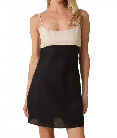 Olivaceous Noir Contrast Linen Mini Dress In Khaki Black In Multi
