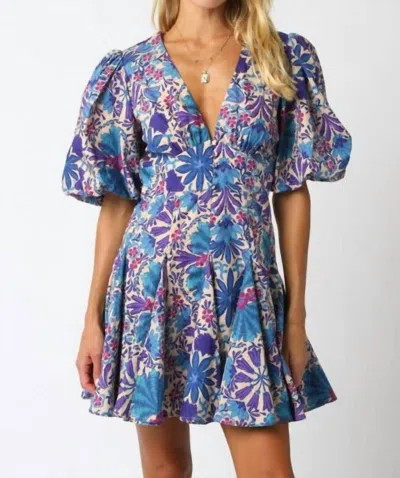 Olivaceous Nola Bubble Sleeve Flounce Skirt Mini Dress In Blue In Multi
