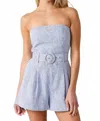 Olivaceous Off Shoulder Stripe Romper In Chambray Blue In Blue
