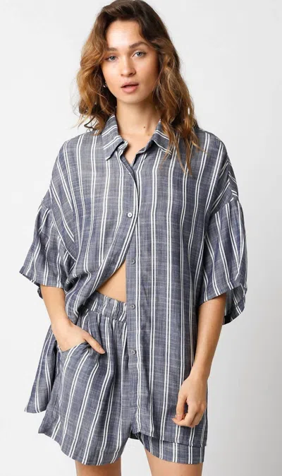 Olivaceous Olivia Short Sleeve Button Down Top In Blue