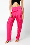 Olivaceous On The Low Satin Cargo Pants In Fuchsia In Pink