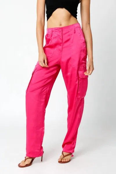 Olivaceous On The Low Satin Cargo Pants In Fuchsia In Pink