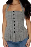 Olivaceous Plaid Peplum Button Front Cami In Grey Combo In Gray