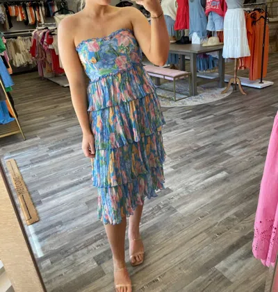 Olivaceous Pleated Strapless Floral Dress In Blue