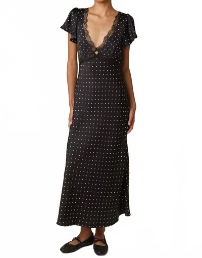 Olivaceous Polka Dot Lace Trim Midi Dress In Black