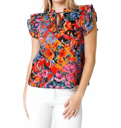 Olivaceous Pretty Paradise Ruffle Sleeve Top In Multi Color