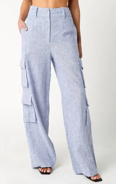 Olivaceous Railroad Stripe Linen Cargo Pant In Blue