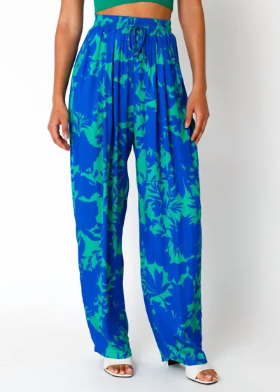 Olivaceous Raven Floral Wide Leg Pants In Blue & Green