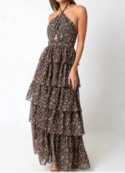 Olivaceous Ruffle Skirt Maxi Dress In Floral In Grey