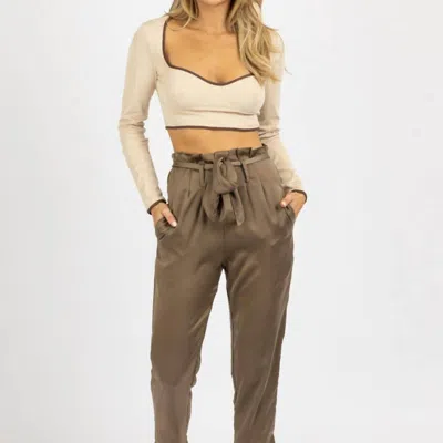 Olivaceous Satin Front Pleat Tie Pant In Olive In Brown
