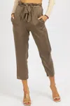 OLIVACEOUS SATIN FRONT PLEAT TIE PANT IN OLIVE