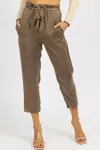 Olivaceous Satin Front Pleat Tie Pant In Olive In Brown