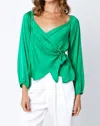 Olivaceous Satin Wrap Top In Green In Green