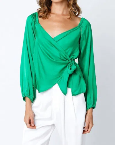 Olivaceous Satin Wrap Top In Green
