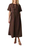 Olivaceous Short Sleeve Tie Front Midi Dress In Chocolate Brown In Multi