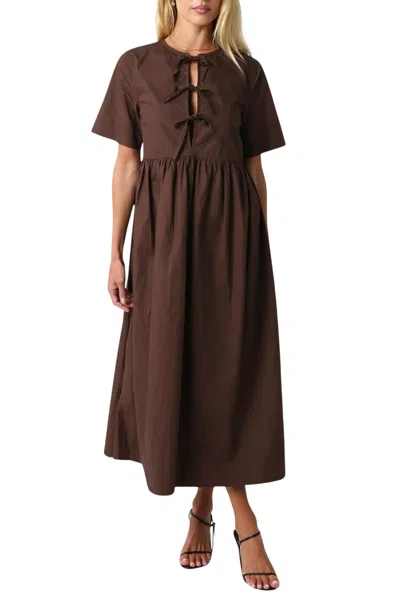 Olivaceous Short Sleeve Tie Front Midi Dress In Chocolate Brown In Multi