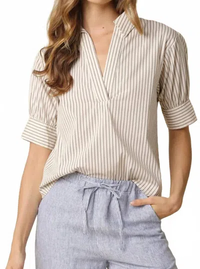 Olivaceous Split Neck Blouse In Taupe Stripe In White