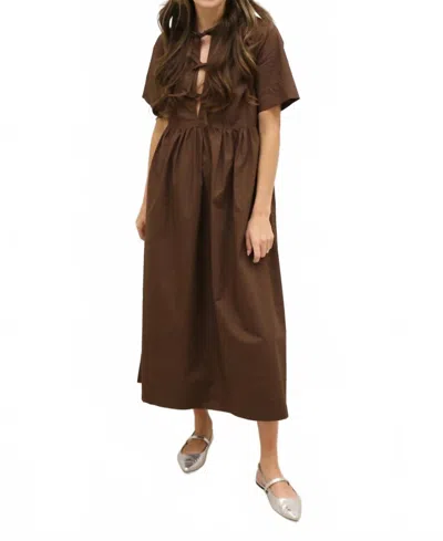 Olivaceous Stella Bow Front Relaxed Fit Midi Dress In Chocolate Brown