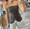 Olivaceous Strapless Button Up Linen Top In Coffee