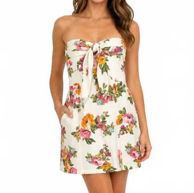 Olivaceous Strapless Front Tie Mini Dress In White/ Floral In Multi