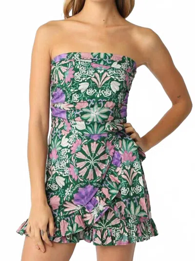 Olivaceous Strapless Print Romper In Green Multi