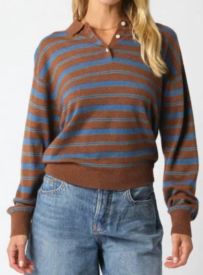 Olivaceous Stripe Knit Collared Sweater In Brown/blue/green