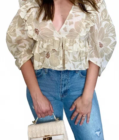 Olivaceous Sweet Ruffle V-neck Top In Cream In Gray
