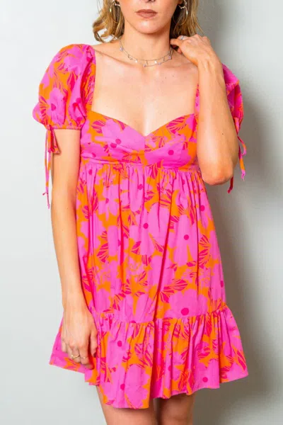 Olivaceous Sweet Summer Nights Babydoll Mini Dress In Orange/fuchsia