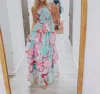 OLIVACEOUS THE CANDY SWIRL GREEN & PINK TIERED MAXI DRESS IN GREEN/PINK