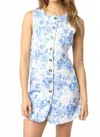 Olivaceous Toile Floral Buttons Dress In White And Blue In Blue