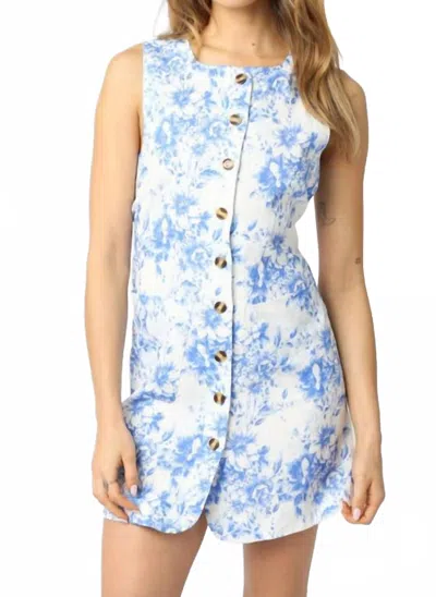 Olivaceous Toile Floral Buttons Dress In White And Blue