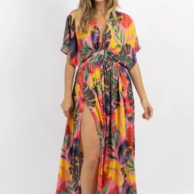 Olivaceous Tropics Side Slit Maxi Dress In Pink Multi