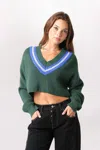 Olivaceous Varsity Cable V Neck Sweater In Dark Green/blue In Multi