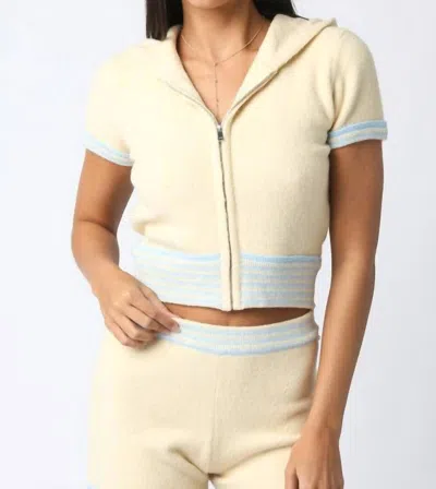 Olivaceous Women's Cropped Contrast Knit Zip Hoodie In Pale Yellow/blue In Multi